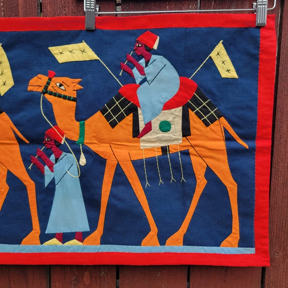 Vintage Egyptian Khayamiya Applique Wall Hanging Camel Caravan Textile Folk Art